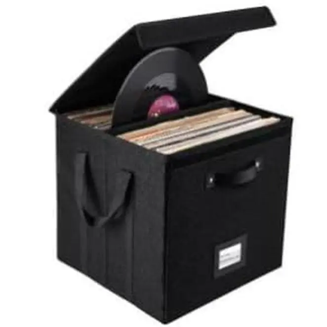Garvee Set of 3 Black Vinyl Record Storage Boxes with Lids and Handles, Non-Woven Stackable LP Holders, Durable and Stylish Organizer for Protecting and Storing Your Valuable Album Collection