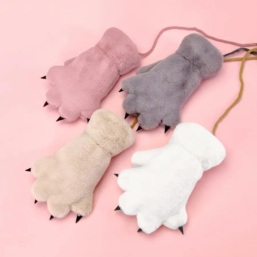 1 Pair Girls' Winter Plush Bear Paw Gloves - Cute Cartoon Bear Face with Expressive Eyes & Nose, Thick Warm Fleece-Lined Hand Warmers for Old