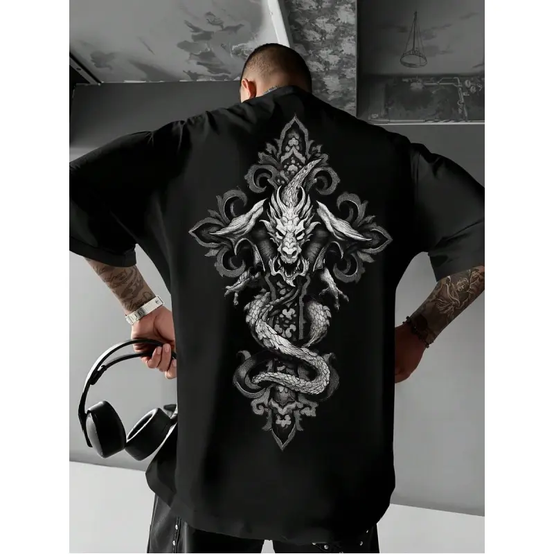 Stylish T-Shirt Featuring A Dragon And Cross Design – A Perfect Choice For Men Who Want To Express Their Distinctive Fashion Sense In Urban Settings