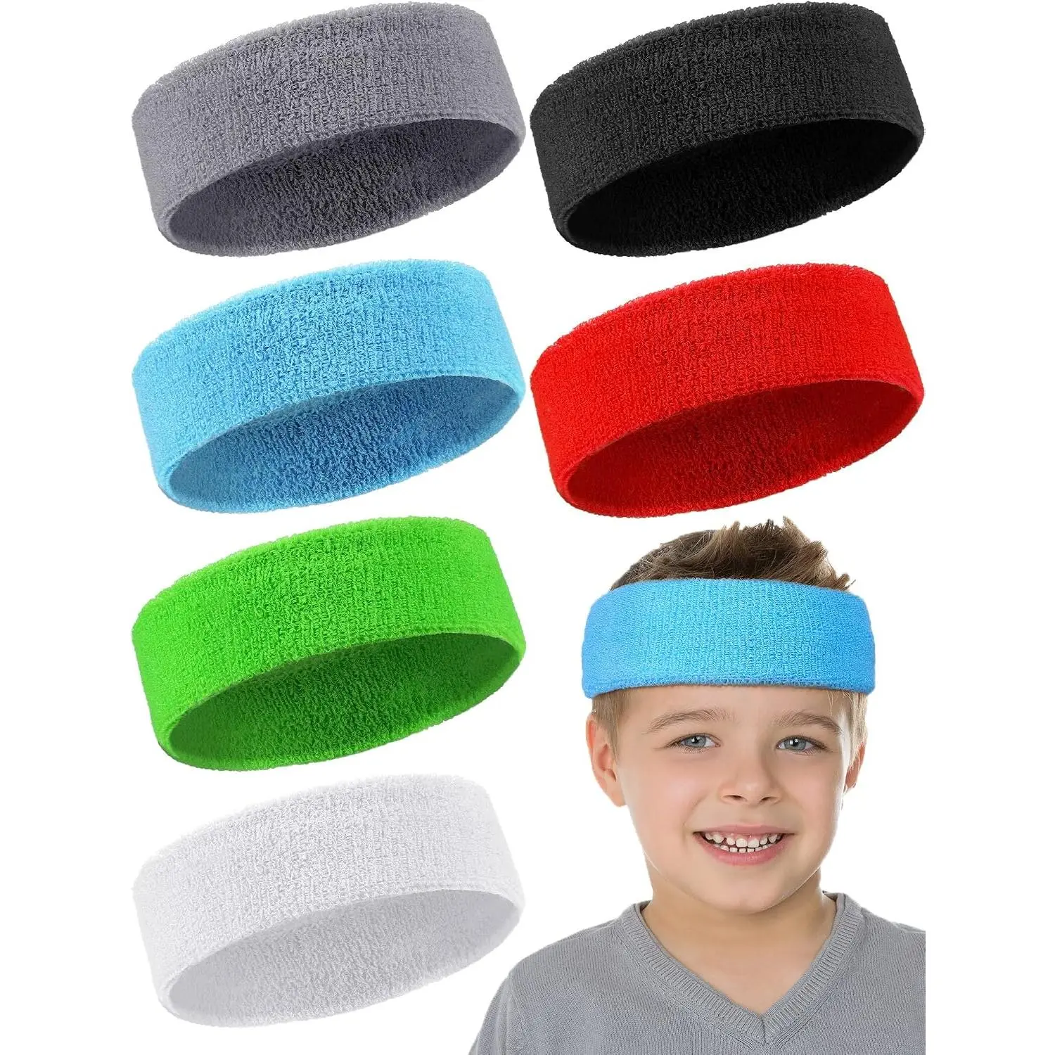 6 Pcs Kids Sweatbands Boys Headbands for Kids Colorful Athletic Youth Sweat Forehead Headbands Summer Basketball Soccer Accessories for Children, Over 5 Years OldGift.