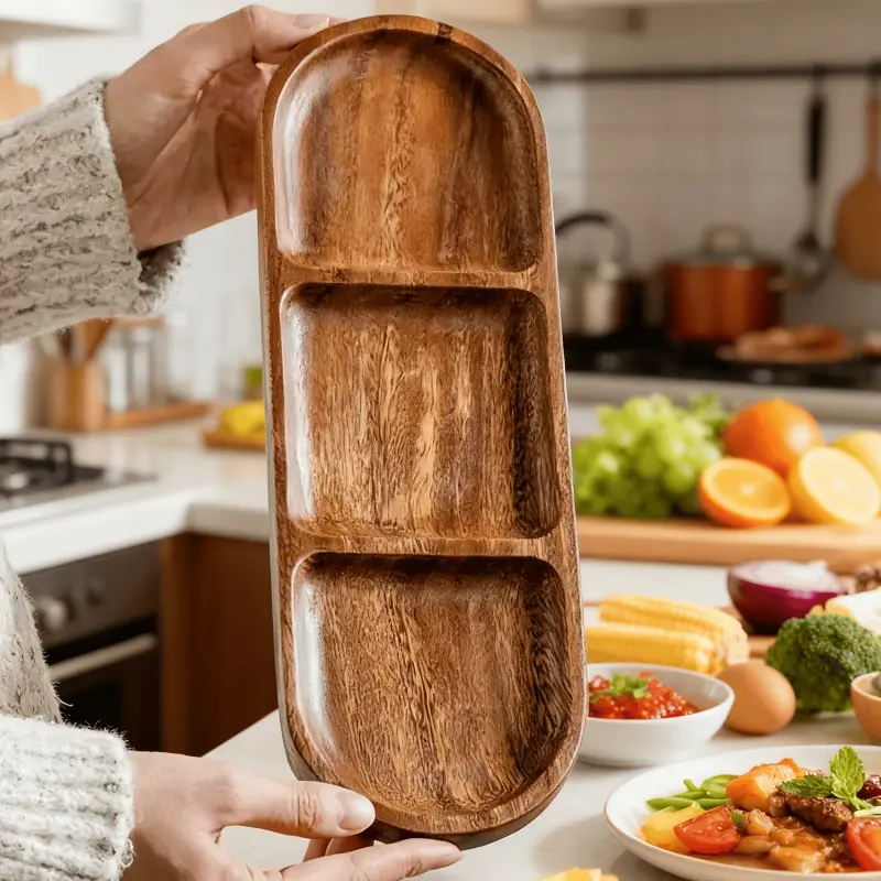 2/3 piece wooden tray set with embedded handle, multi size steak pizza sushi dessert cake bread platter, home kitchen storage and outdoor camping utensils, perfect gift for New Year's Day and Valentine's Day