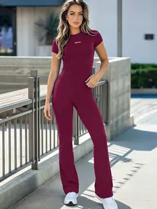 Women's 2-Piece Short Sleeve & Pants Set, Crew Neck Knit Top + Invisible Butt Lifting Straight Micro Flare Pants, Raglan Sleeve High Waist Seamless Activewear Set, Casual Outfit for Running, Cycling, Yoga & Outdoor Activities, Gym Workout Set