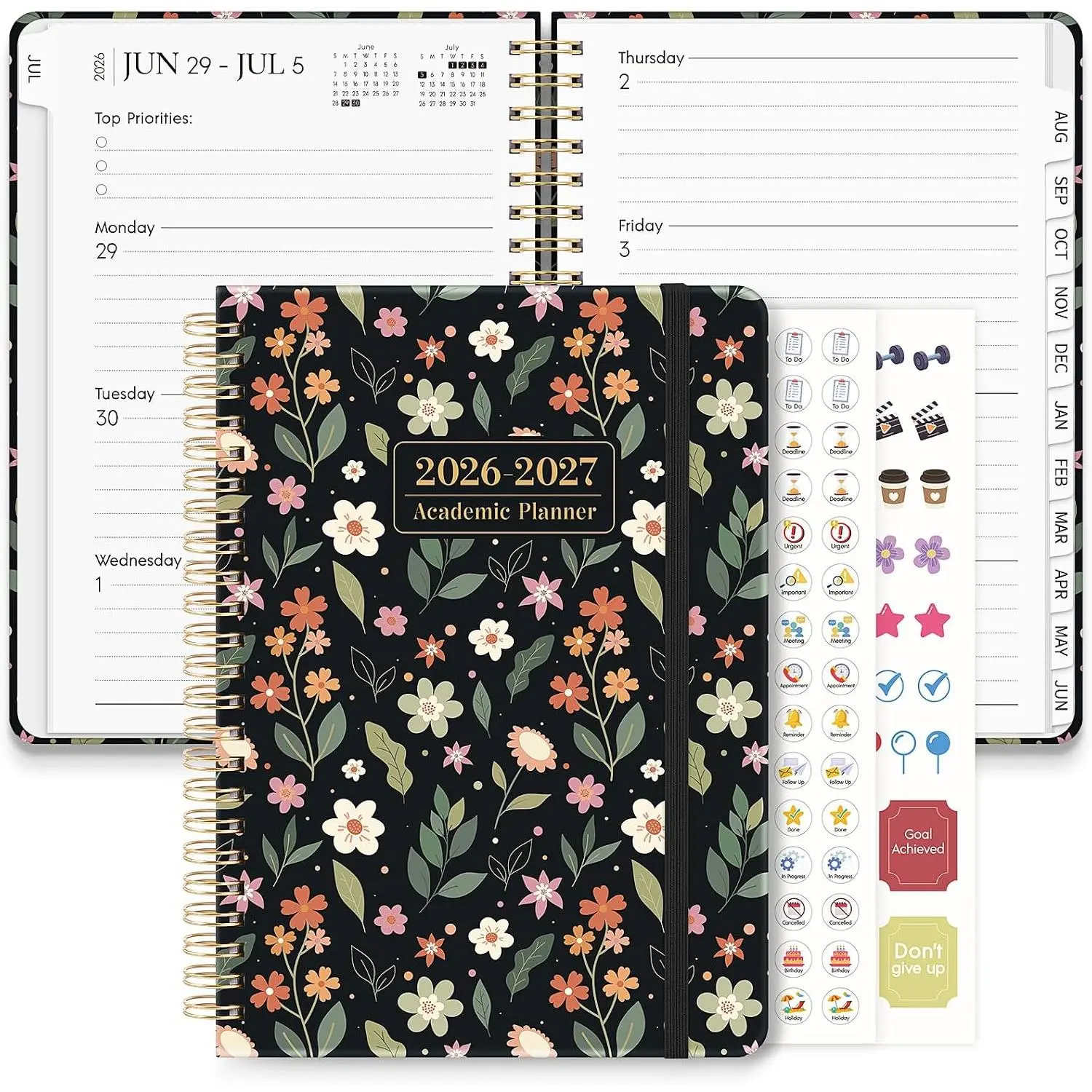 Academic Planner 2026-2027, 12 Months Daily Planner 2026 - July. 2026 to June. 2027, Black 2026-2027 Monthly Planner with Tabs for Student Teacher, A5 (6.1" x 8.5") Week Planner for , Office, School Supplies