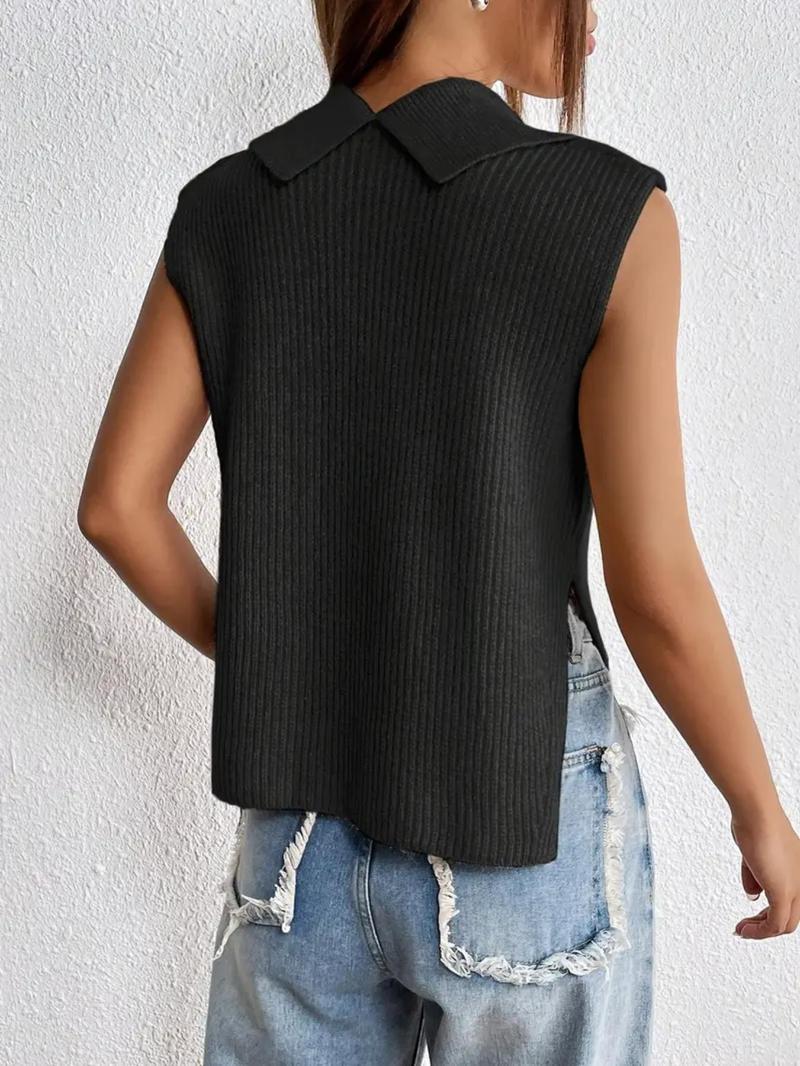 Women's Plain Split Hem Sweater Vest, Casual Fitted Solid Collar Sleeveless Knitwear Top for Summer, Fashion Ladies' Collared Knit Clothing for Everyday Wear, Minimalist Basic Womenswear, Sleeveless Vests