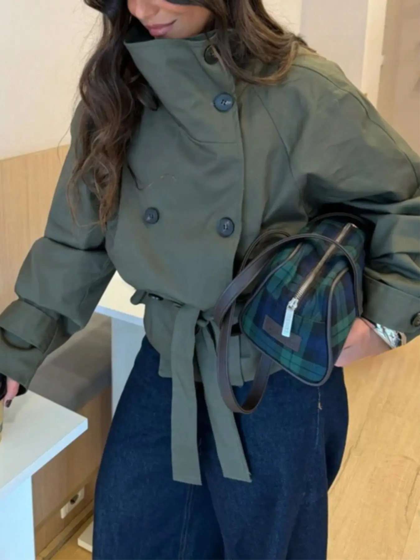 Women's Solid Color Woven Fabric Double Button Tie Waist Loose Military Windbreaker Coat, College Style Autumn Winter Outerwear
