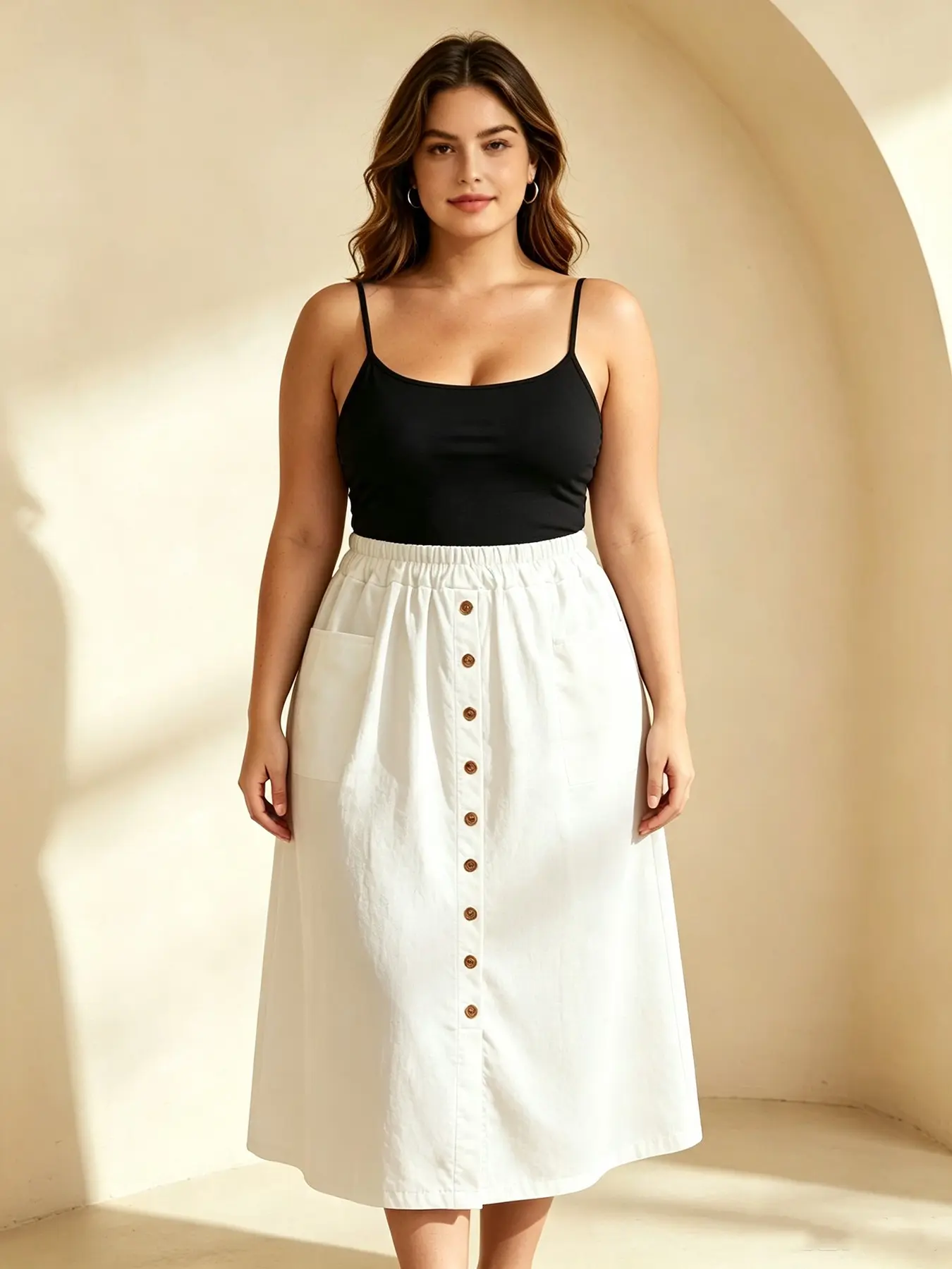 Decorative Button Elastic Waist Pocket Midi Skirt, Loose-Fitting Sporty Casual Half Skirt, All Seasons Plain Pattern