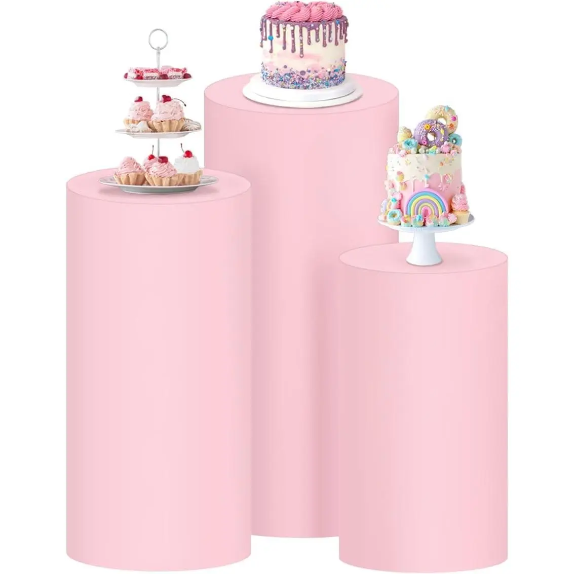 Cylinder Pedestal Stand Covers Spandex Flexible Display Box Stand Covers for Birthday Party Wedding Baby Shower Decoration- Only Stand Covers Included Set of 3 Pink