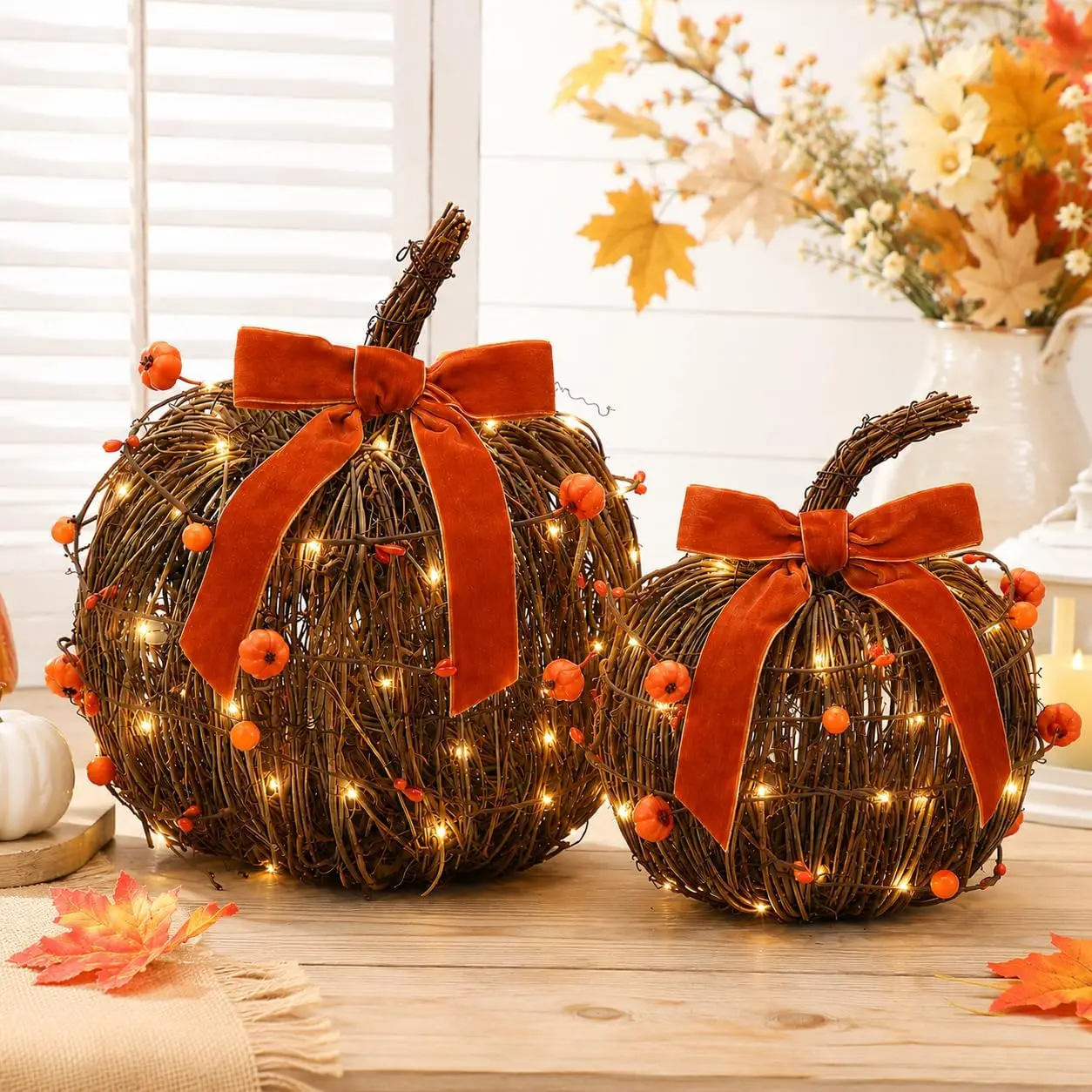 Fall Pumpkin Decor 2Pcs Lighted Wicker Pumpkin Decorations for Home| Rattan Pumpkin Fall Centerpieces for Tables Vintage Fall Table Decor for Thanksgiving Farmhouse Mantel Entryway