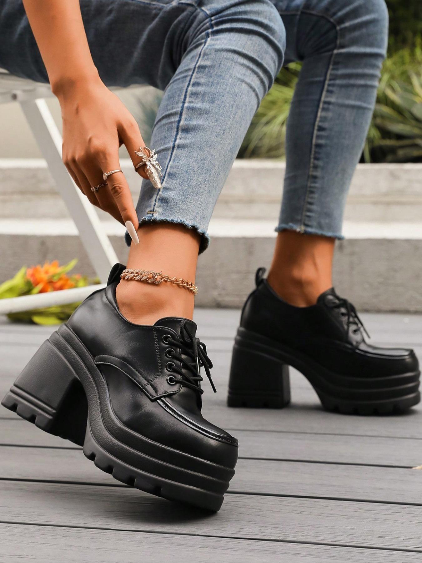 Women's Fashionable Lace Up Platform Shoes, Casual Comfortable Thick Sole Shoes for Daily Wear, Female All-match Trend Shoes for Daily Wear, Girl, Elegant Heeled Shoes, Platform Heels, High Heel Shoes
