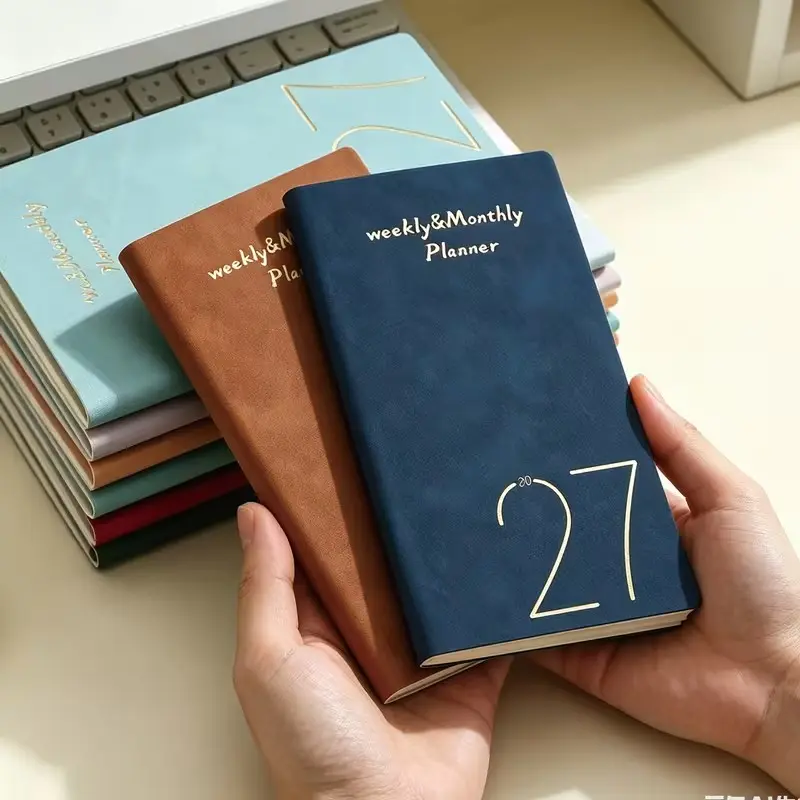 2027 English Weekly Planner, 3.94x6.89 Inch Waterproof PU Leather Gold Foil Cover, Portable Schedule Notebook, Single Book Edition