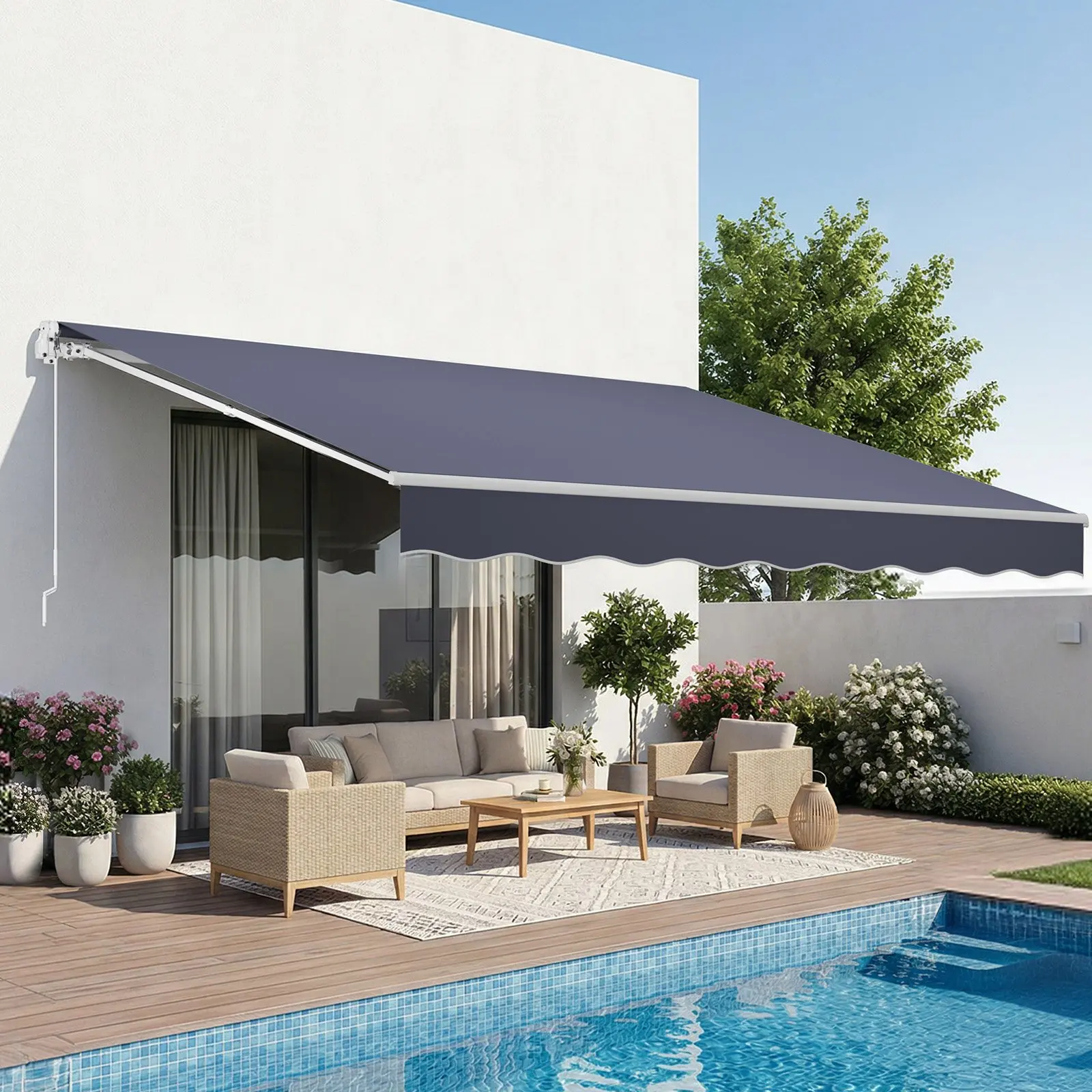 VEVOR Manual Retractable Awning, 13.1' x 9.8' Outdoor Patio Awning Retractable Sun Shade, Patio Door Window Water-Resistant Polyester Sunshade Shelter with Crank Handle for Deck, Balcony, Yard, Gray