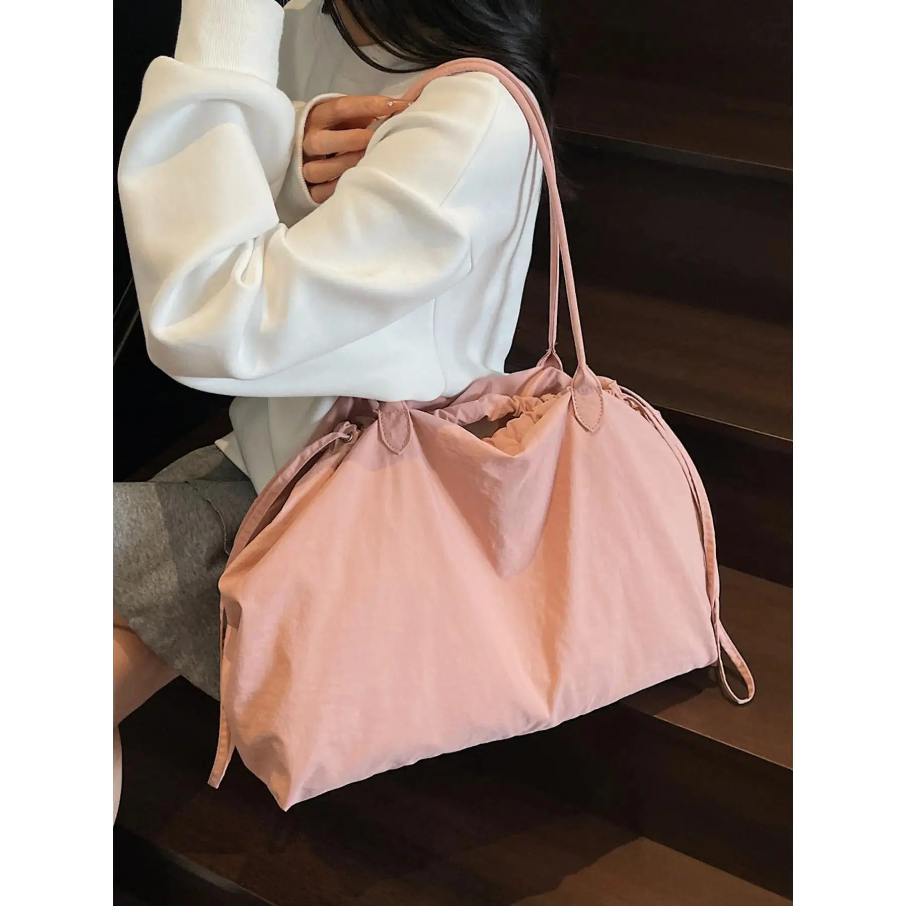 Women's Minimalist Aesthetic Soft Shoulder Tote - Chic Solid-Color Business Handbag, Casual Commuter Everyday Purse with Gathered Drawstring Closure, Lightweight, Spacious High-Capacity Main Compartment, One Size, Aesthetic Shoulder Bag
