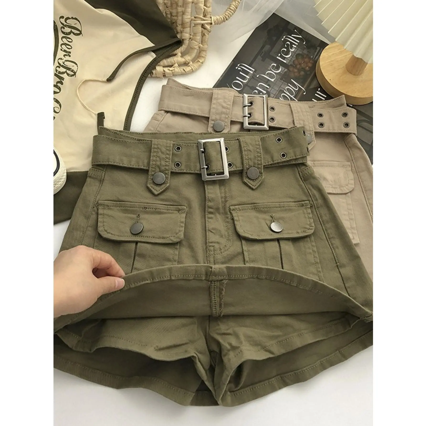 Women's Solid Knit Cargo Skort with Built-In Shorts - High Waist Streetwear Mini with Belt for All Seasons, Bottoms, Casual, Fabric, Polyester, Clothes, Hand Wash Only, Lady, Do Not Dry Clean, Knitting, 100% Polyester, Mini Length