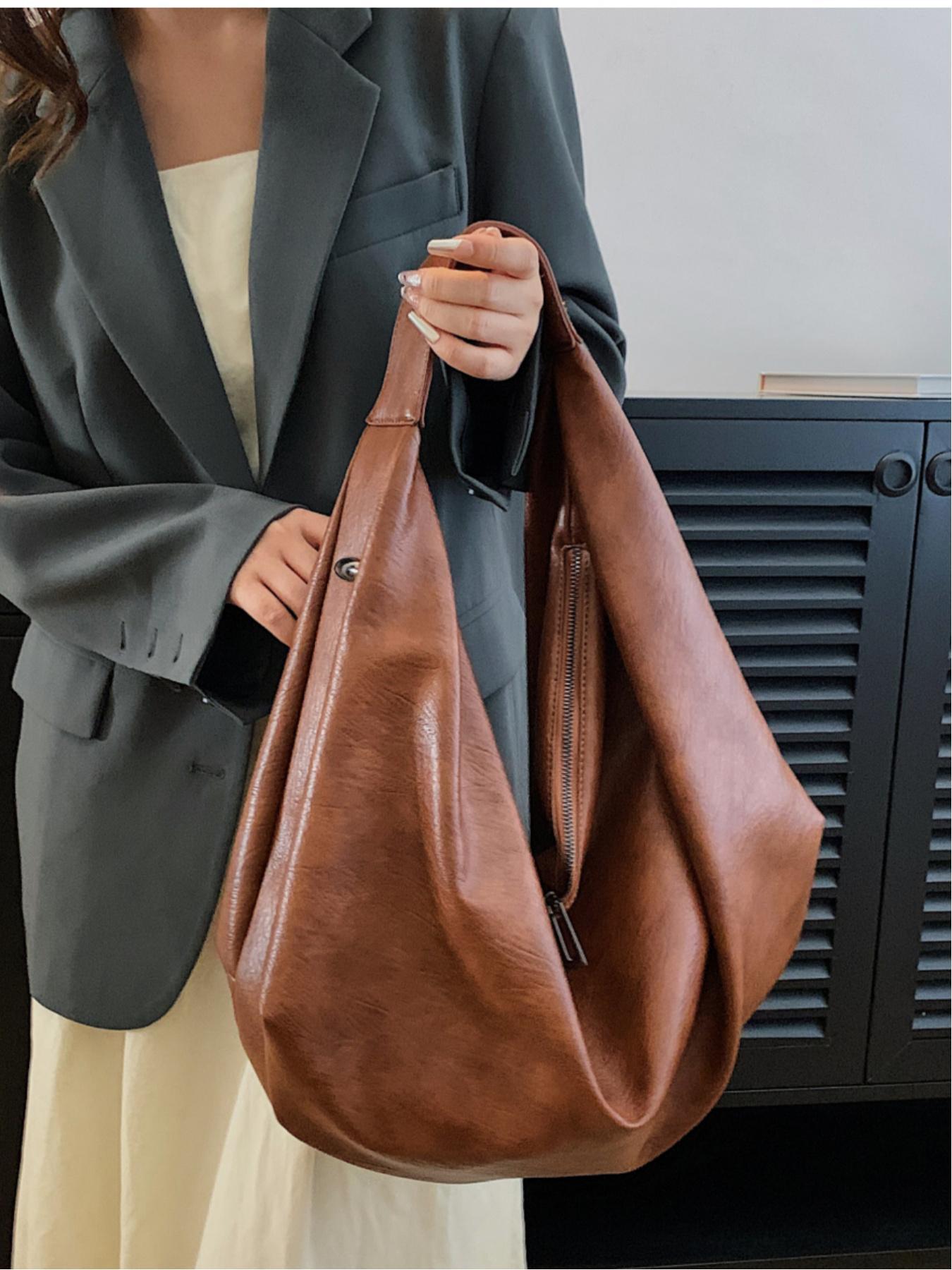 Women's Solid Color Large Capacity Tote Bag, Fashionable PU Leather Shoulder Bag for Work & School, Casual Trendy Versatile High-quality Daily Commuting Bag