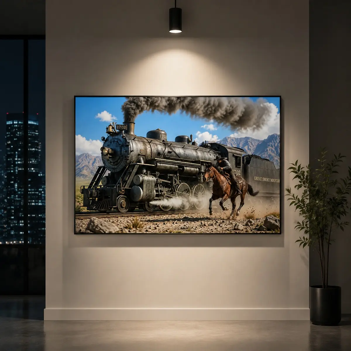 Western Steam Train Canvas Print, Cowboy Riding Horse Wall Art, Vintage Locomotive Decor, Black and White Train Poster, Film Poster, Masculine Home Art, Rustic Ranch Decor, Western Wall Decor, Railroad Art, Cowboy Gift, Farmhouse Wall Art, Vintage Western