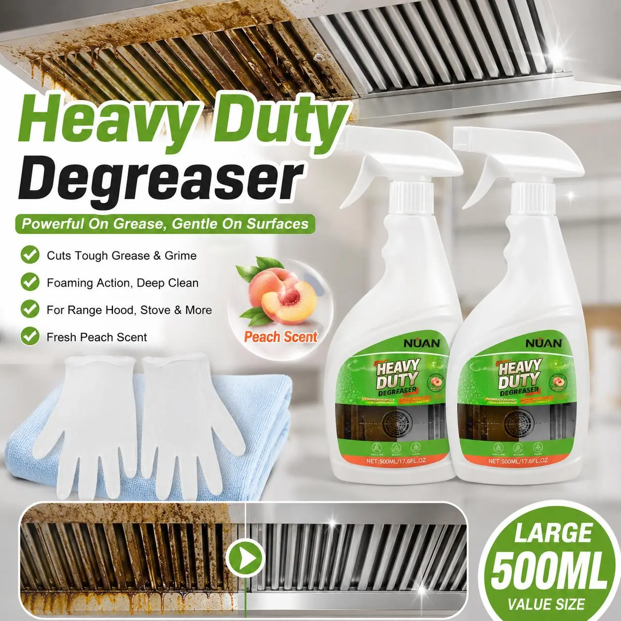 NUAN High-Efficiency Heavy-Duty Household Cleaning Spray Bottle, Surface-Safe Degreaser with 3-5 Min Grease Lift for Kitchen Range Hoods, Stove Tops, Stainless Steel, Tiles, 17.6 fl oz (500mL)