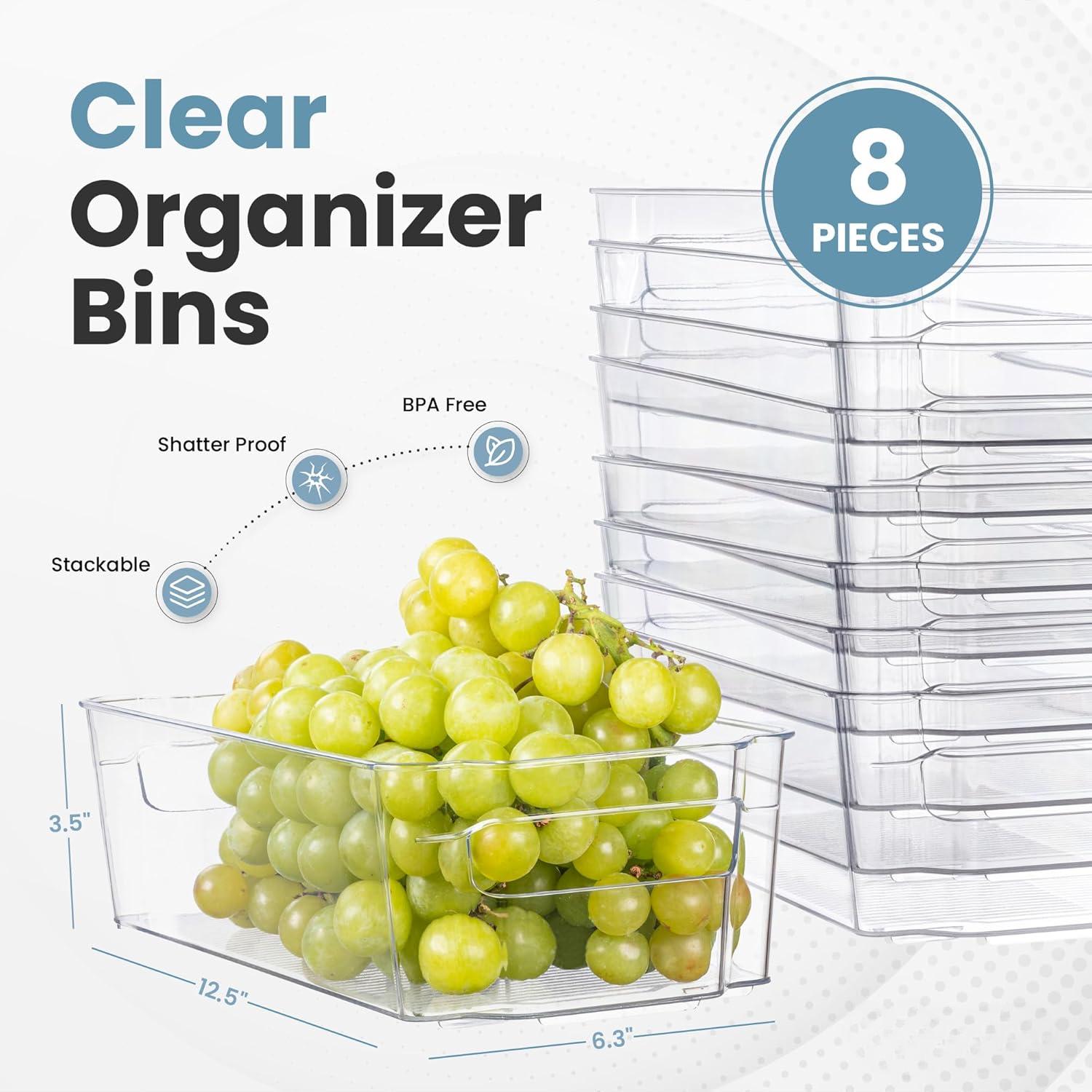8 Pack Clear Plastic Fridge Organizer Bins – Stackable Refrigerator & Pantry Storage Bins with Handles for Snacks, Freezer, Kitchen Cupboard, and Cabinet Organization