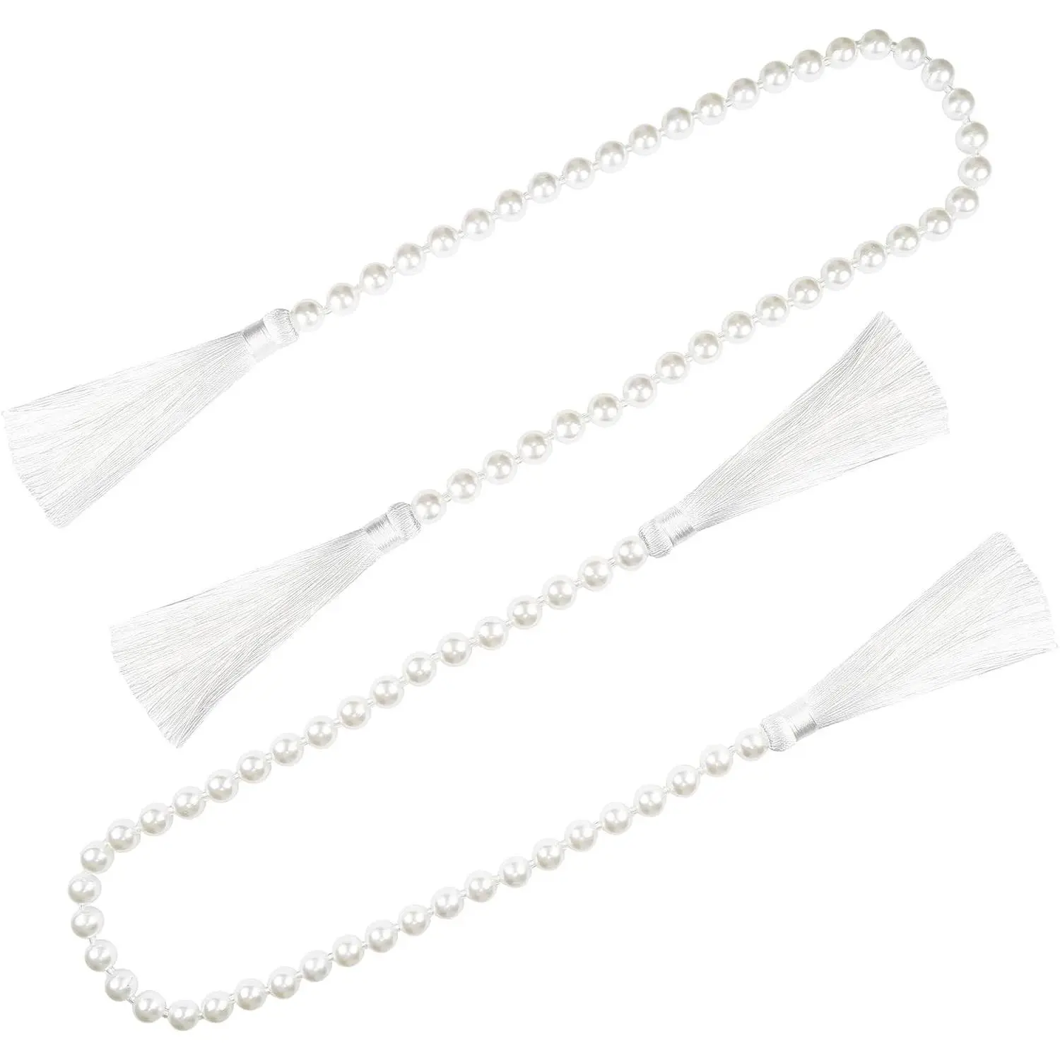 2-Pack 34-Inch Smooth Lightweight Pearl Glass Bead Garland with Tassels - Elegant Boho Home Decor for Wedding Party, Farmhouse Rustic Table, Fringe Wall Hanging (White)