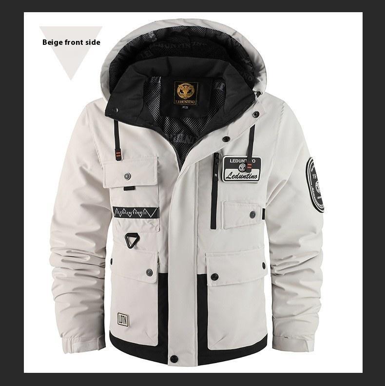 BIGWIG men's autumn and winter hooded parka, thickened warm work jacket, multi-pocket work top, windproof and waterproof cotton clothing, sports hooded jacket, cotton warm soft shell clothing, outdoor camping outdoor jacket