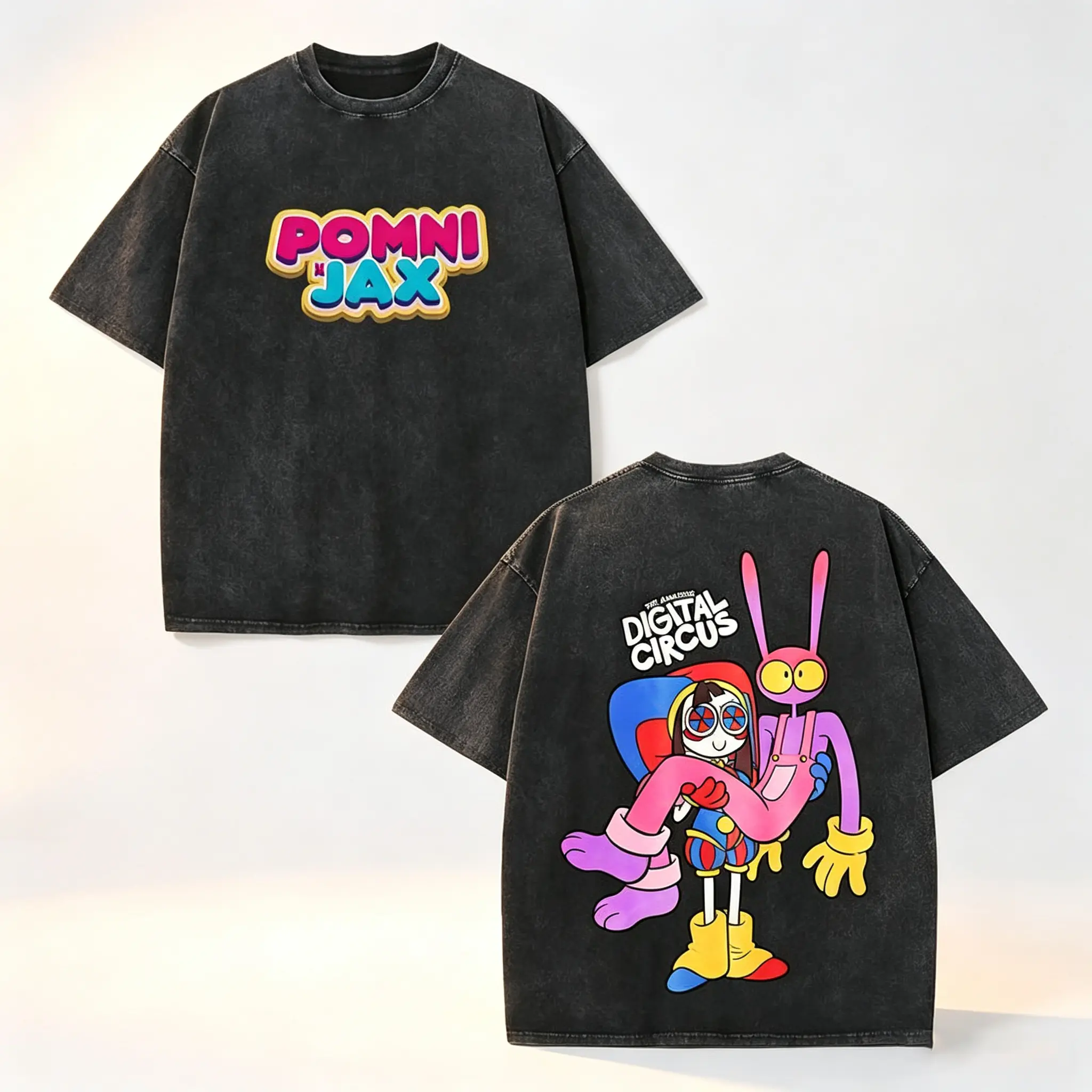 Vintage The Amazing Digital Circus Double Sided T-Shirt, Washed Pomni Jax Cartoon Graphic Tee, Unisex Streetwear for Y2K and Retro Cartoon Fashion Fans