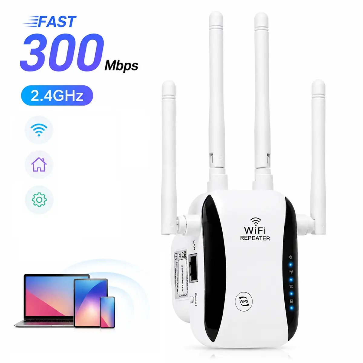WiFi Extender Signal Booster, 300Mbps 2.4GHz WiFi Repeater for Home, Extend Wireless Coverage Up to 5000 Sq.Ft, 4 High Gain Antennas WiFi Booster with Ethernet Port, Easy Setup for Whole Home Internet
