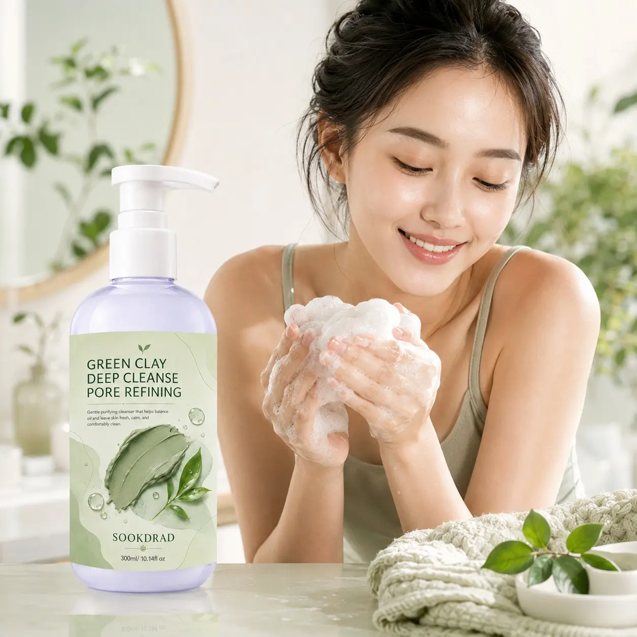 Green Clay Cleanser, green clay, deep cleanse, pore refining, balance oil, fresh skin, calm skin, comfortably clean, face, all skin types, 300ml/10.14fl oz
