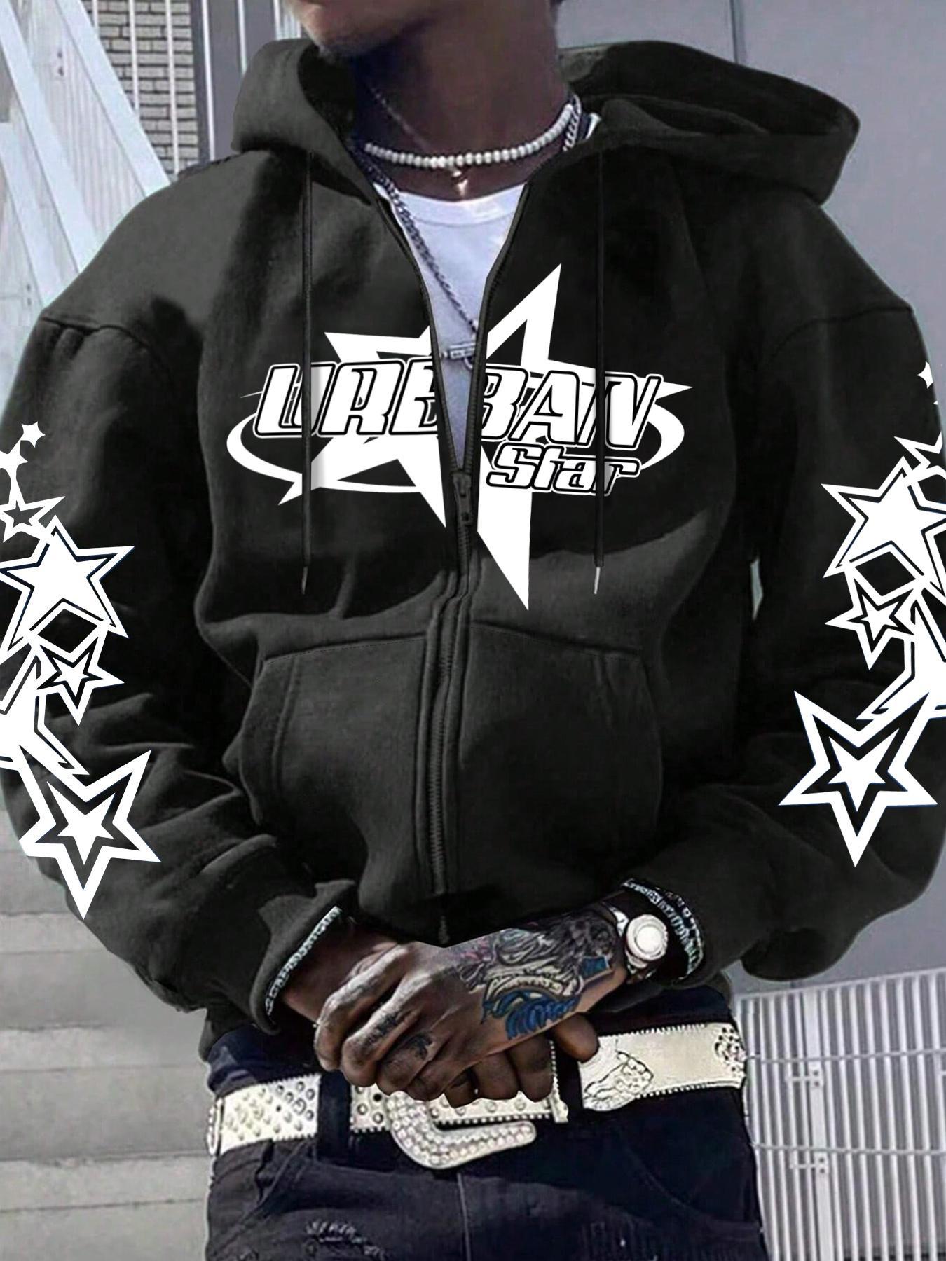 Men's Star Print Drop Shoulder Hoodie, Fashion Casual Regular Fit Drawstring Pocket Hooded Sweatshirt for Daily Holiday Outdoor Wear, Men Clothes for Fall & Winter, Streetwear Hoodie, Drawstring Pocket Hoodies