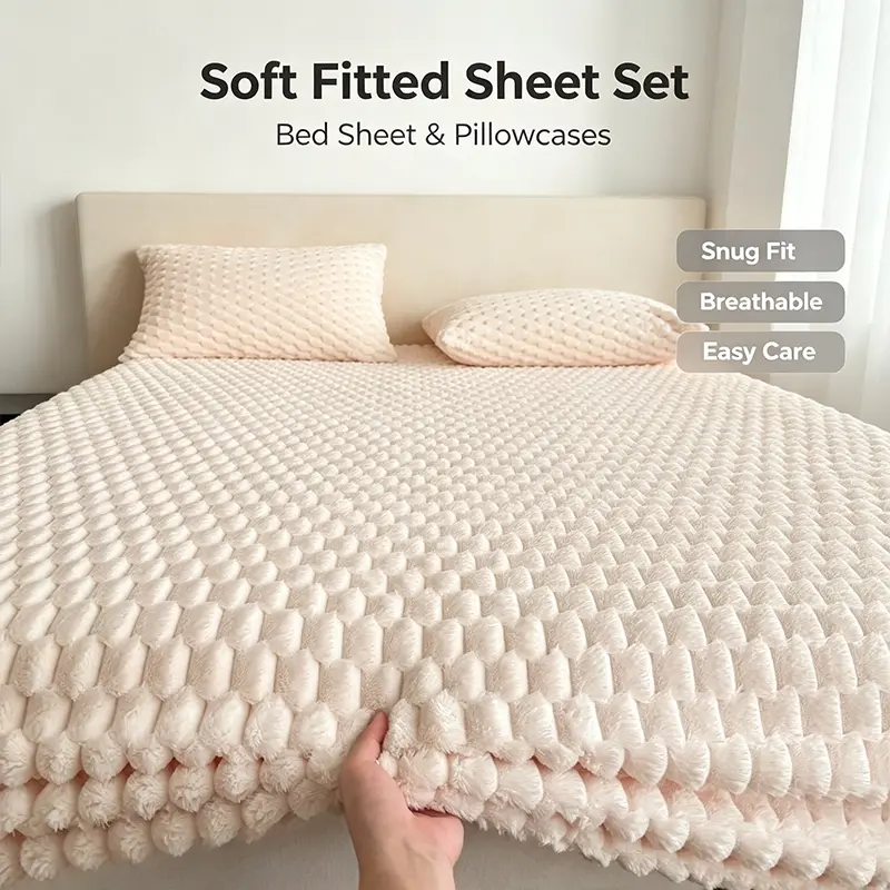 3‑Piece Plush Fitted Sheet Set Solid Color Grid Pattern Cozy Comfy Bedding Includes Fitted Sheet and Pillowcases, Great for Autumn Winter Daily Bedroom Use