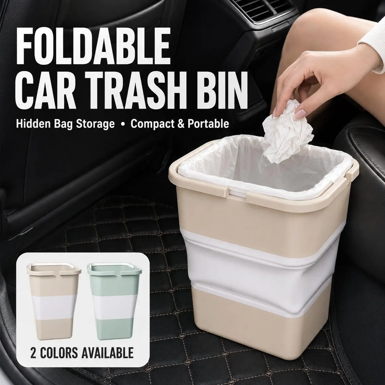 Space-Saving Collapsible Auto Trash Bin with Hidden Trash Bag Storage, Portable Foldable Furnishing Storage Accessory for Car Interior, Outdoor Camping, Picnic and Beach Sundry Organizing
