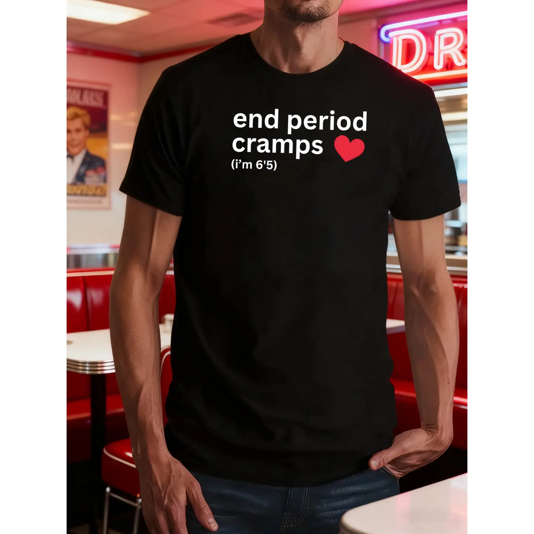 Loose Fit Graphic T-Shirt, End Period Cramps Funny Text Printed Craft Tee, Soft Breathable Short Sleeve Top, Viral Trend Humor Casual Outfit For Men Women, Simple Heart Letter Graphic Shirt For summervibes