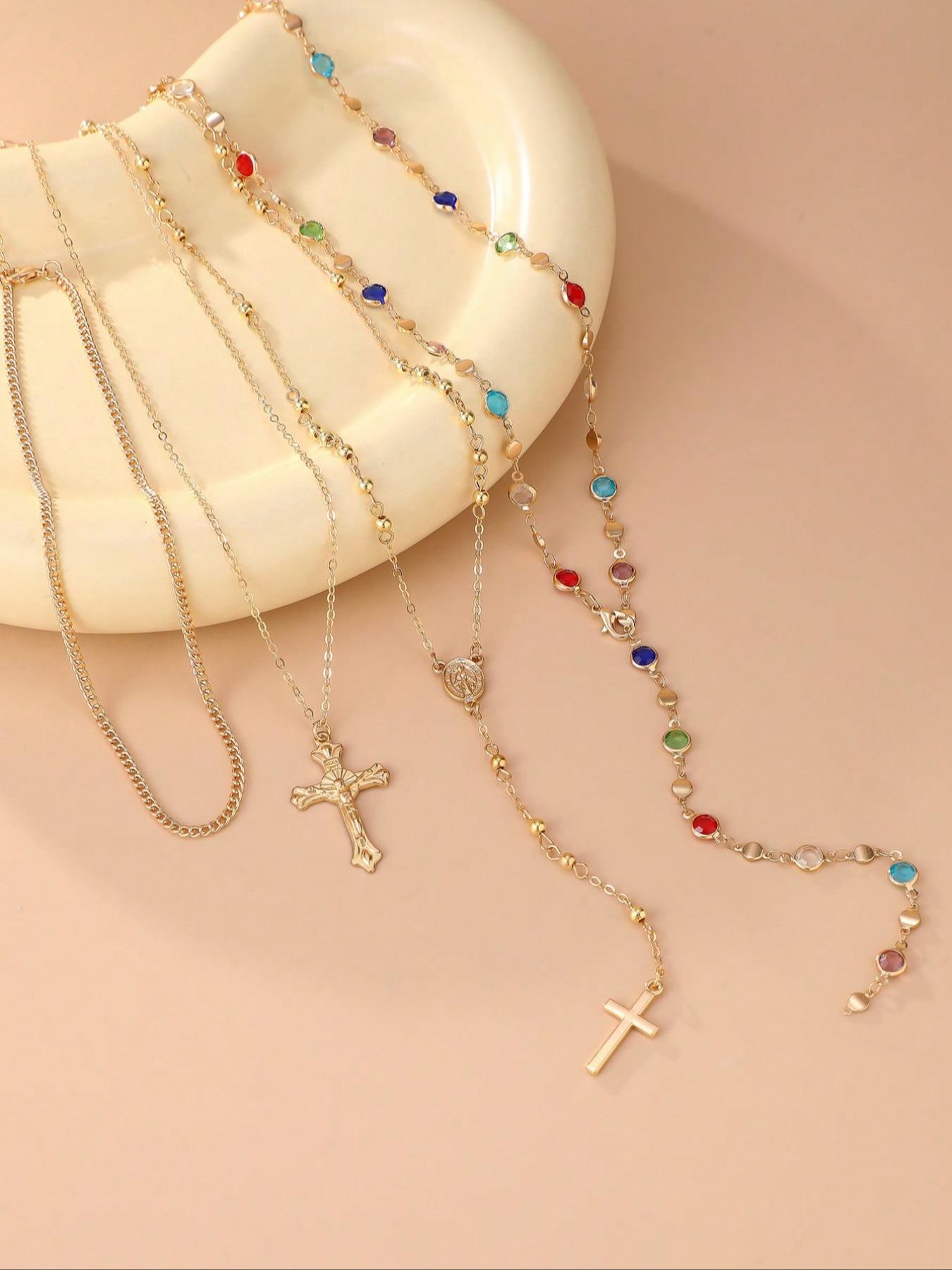 4 Piece Vintage Metal Jesus Cross Y-Style Long Necklace Set, Stunning Bohemian Colorful Crystal Pendant for Women, Perfect for Everyday and Vacation Wear, Layered Necklaces