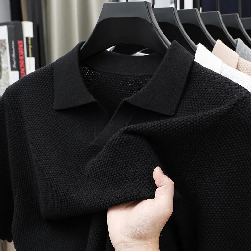 Kyn Apparel New Summer Seagull Collar Pineapple Knit Short Sleeve T-Shirt, Fashion Men's V-Neck Polo Shirt