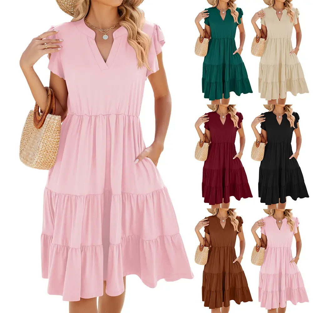 Women’s Solid V-Neck Fit-and-Flare Dress, Casual Loose-Fit Short Sleeve Midi Dress with Defined Waist, Elegant Spring Summer Dress for Work, Travel and Daily Wear