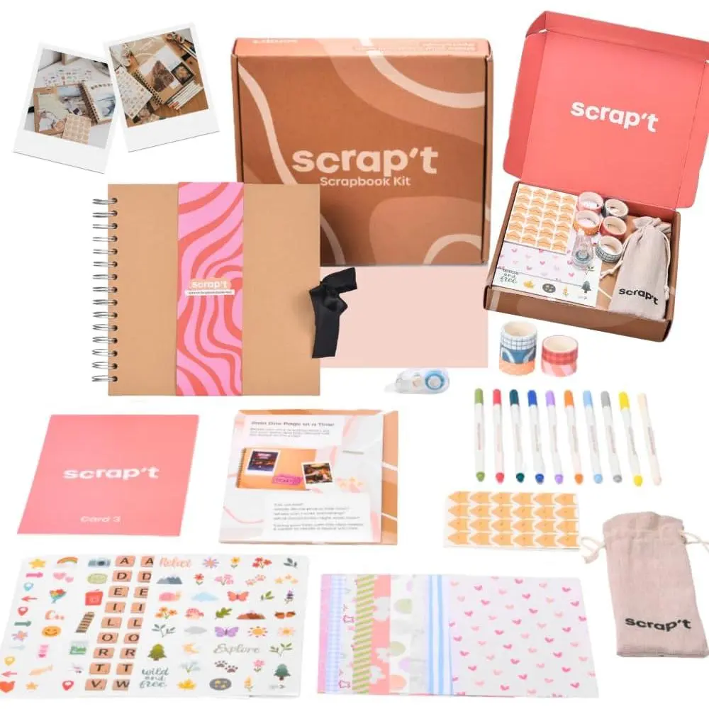 Scrapbook Kit - 80 Page Photo Album DIY Scrapbook - Holds 300+ Photos, with Metallic Pens, 150+ Stickers, Glue Pen, Washi Tapes, Backing Paper, Photo Corner Stickers (Starter Kit - 8 x 8 Inch, Kraft)