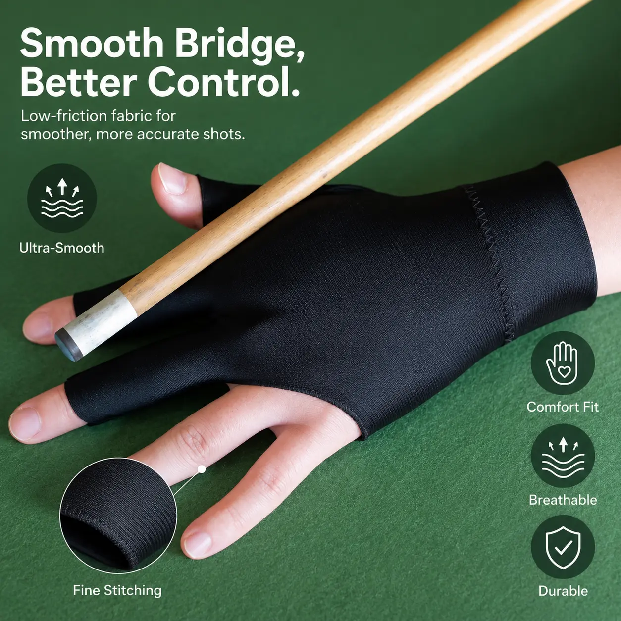 Left-Handed Premium 3-Finger Billiards Glove, Non-Slip Grip, High-Stretch Breathable Fabric, Unisex Fit for Snooker, Pool Competitive Play & Practice Sessions