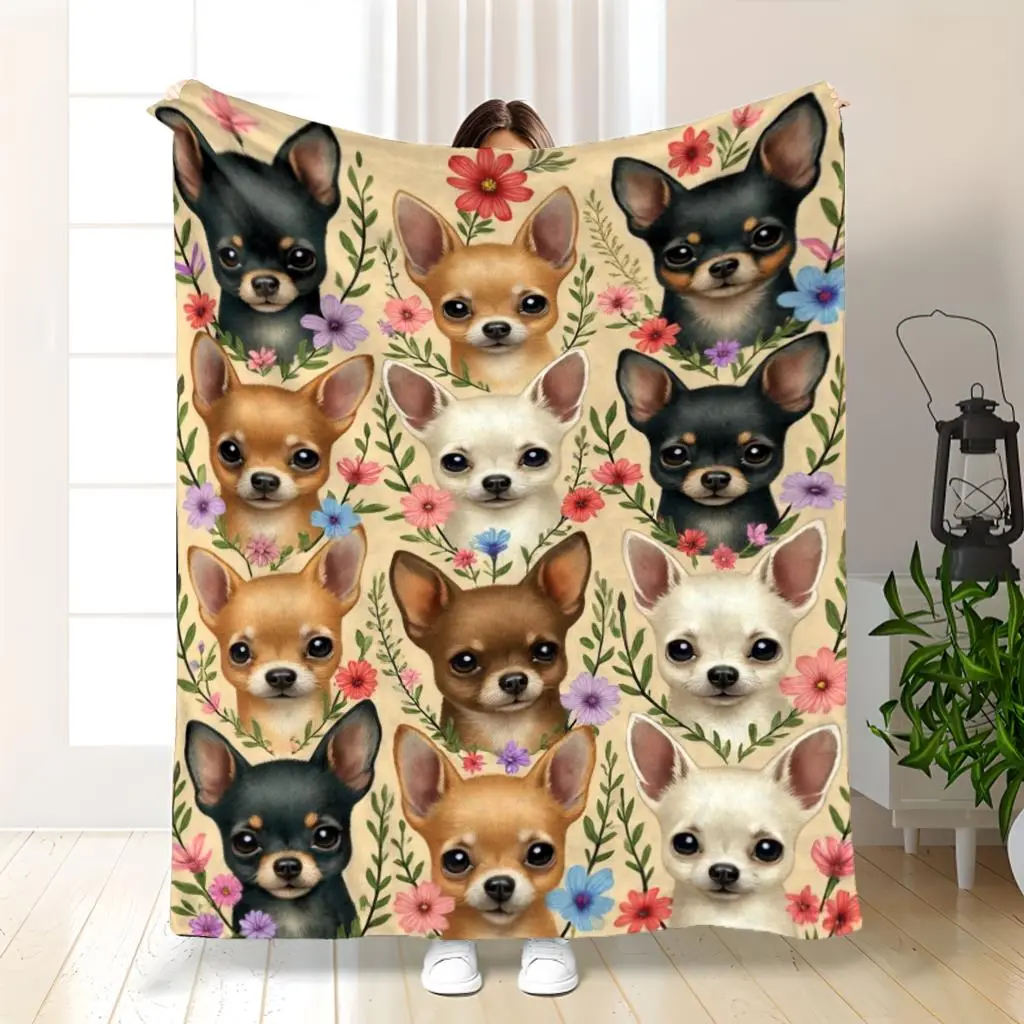 1Pc Chihuahua Dog Lovers Blanket - Soft Flannel Bedspread With Chihuahua Puppies & Dogs In Pastel,,, - Cozy All-Season Bed Cover For Home, Travel, Car Suitable For Pet Owners