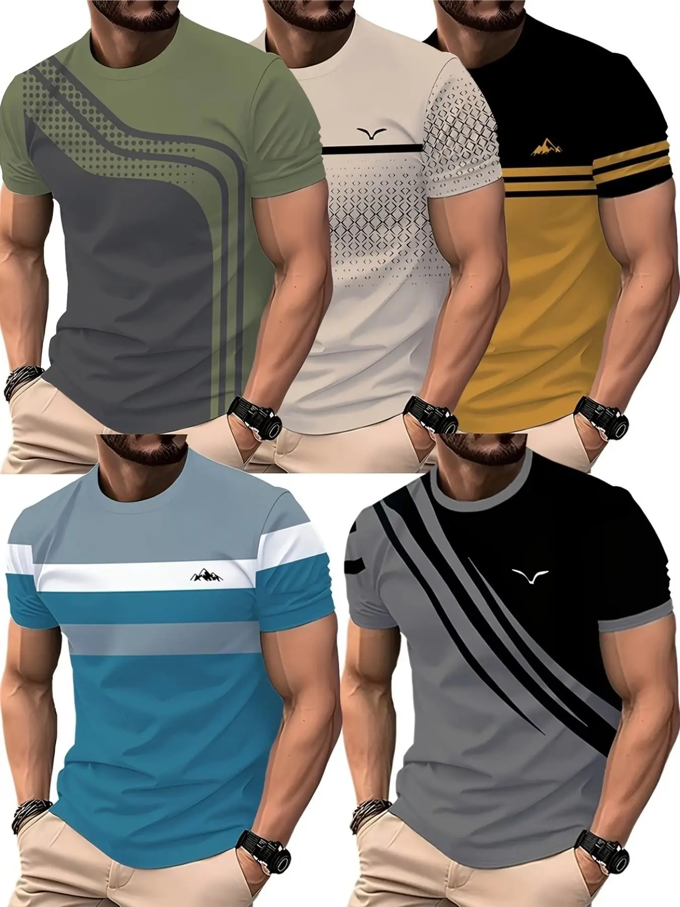 5-Pack Men's Casual Loose-Fit Short Sleeve T-Shirts, All-Over Print, High Stretch Breathable, Summer Sportswear, Round Neck