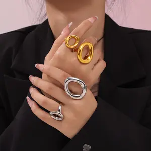 INS Style Korean Version Casual Minimalist Design Sense Jewelry Geometric Hollow Irregular Round Ring Titanium Steel Gold-Plated Ring