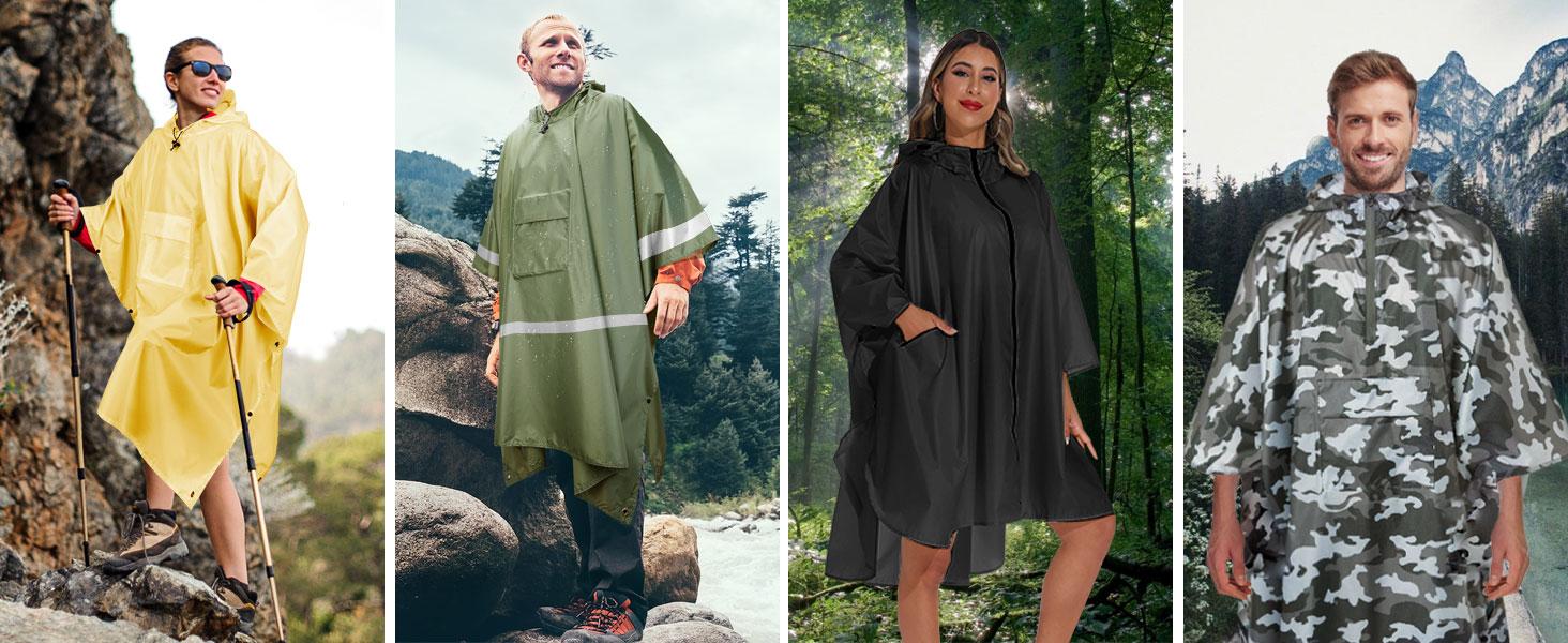 Hooded Rain Poncho for Adults Waterproof Lightweight with Pocket Unisex Emergency Rain Gear for Hiking Camping Travel Backpacking
