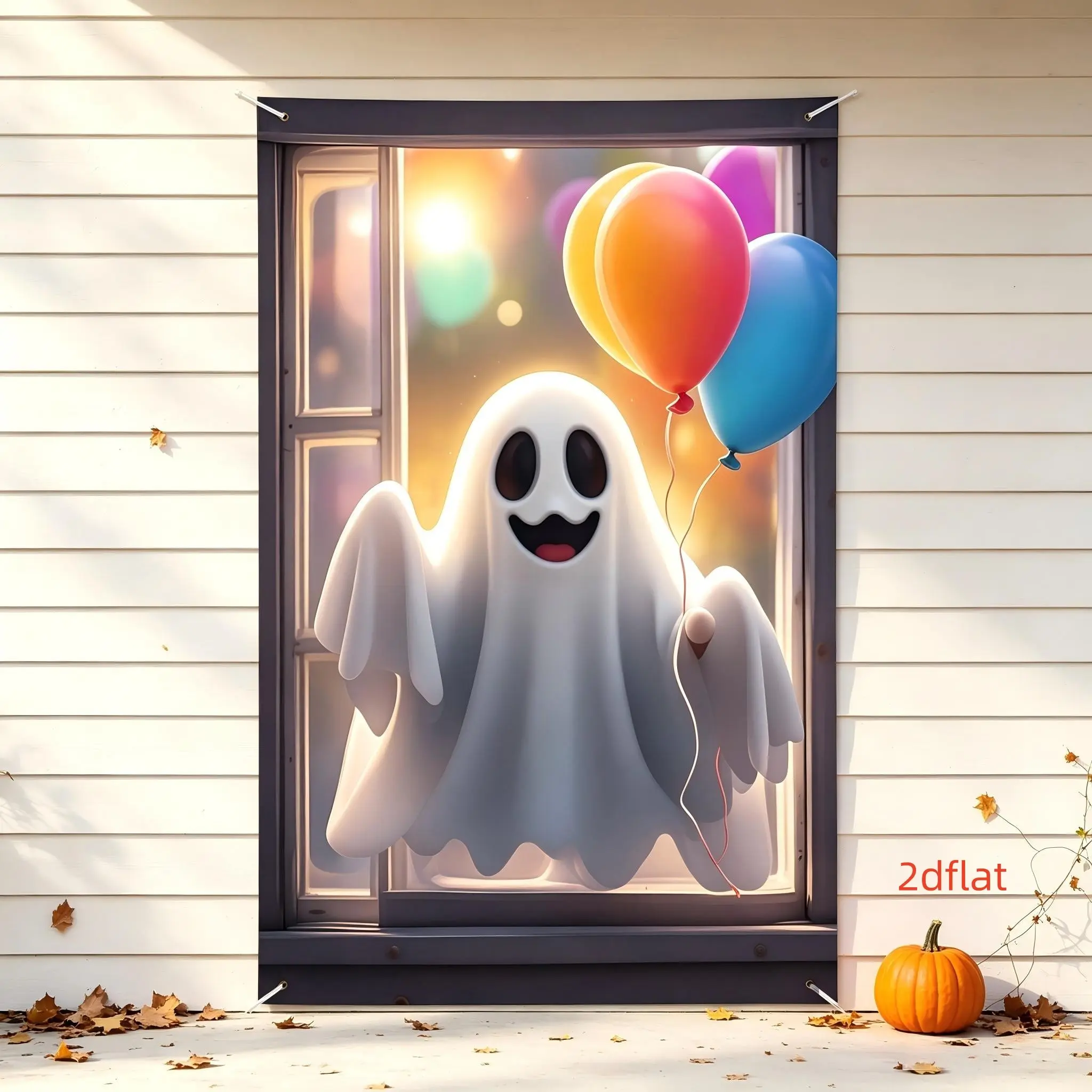 Halloween Window Decoration Cloth, Smiling Ghost with Colorful Balloons, Indoor Outdoor Party Background, Store Display, Home Decor