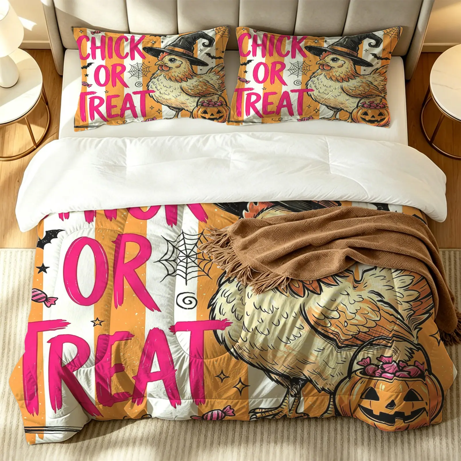 Cartoon Chick Pumpkin Candy Jar Quilt (With Inner Fill), Halloween Style Fun Bedding
