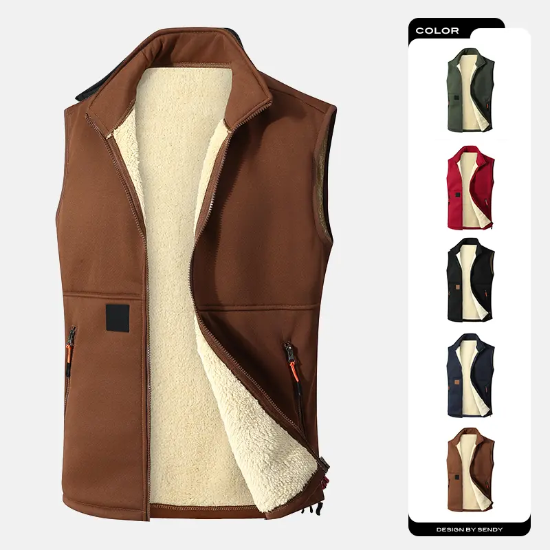 Men's Sherpa Lined Warm Vest Stand Collar Zip Up Zipper Pockets Winter Sleeveless Gilet