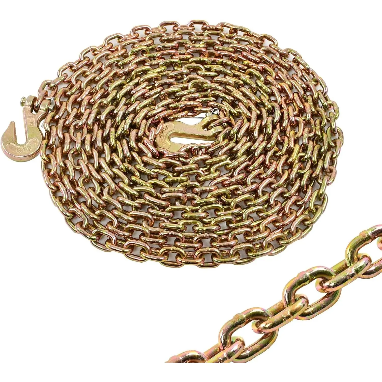 Heavy Duty G80 Transport Binder Chain 1/4'' Inch x 20 Feet, Tow Chain with G70 Clevis Grab Hooks, 3300 lbs Safe Working Load for Transporting Towing Logging, Yellow