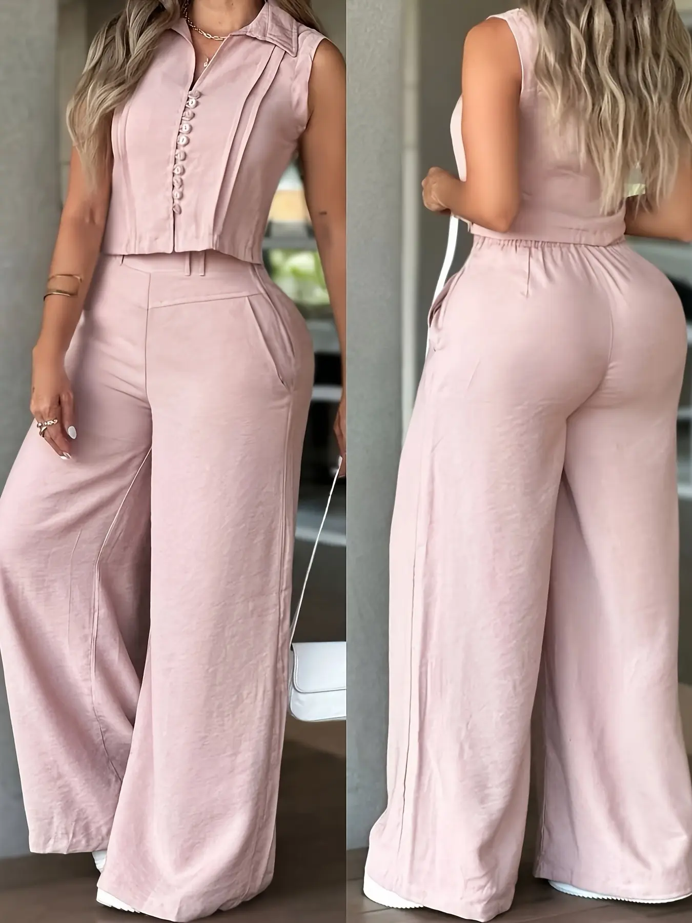 Two-Piece New Women's Set, Spring Summer Lightweight Sleeveless Top + Casual Wide-Leg Pants, Loose-Fitting Solid Design Clothes