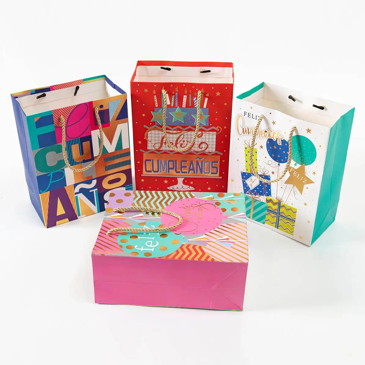 Vibrant Pop Art Gift Bags, Spanish Birthday Tote Bags, Multicolor Geometric Letter Patches, Braided Rope Handles, Durable Thick Cardstock, 12 Pack