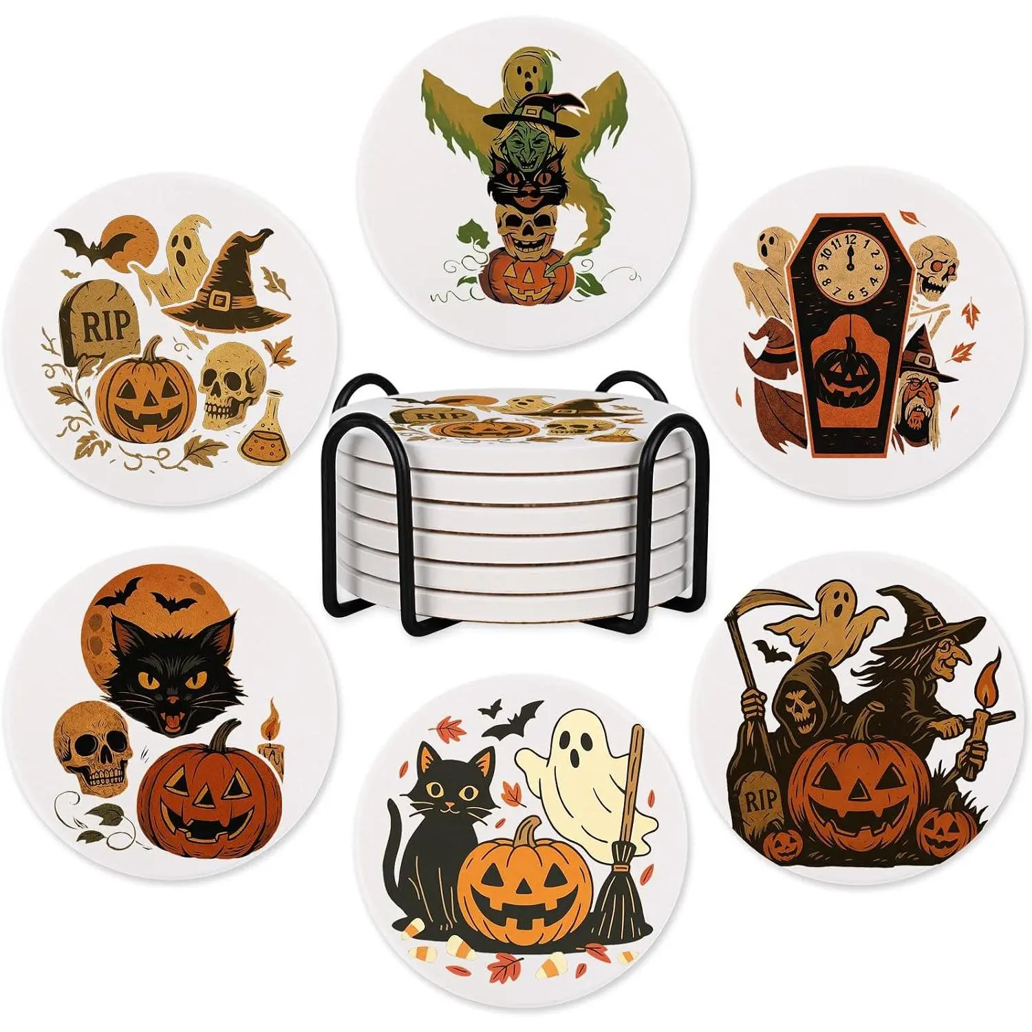 6 count Halloween Coasters with Holder, Gothic Ceramic Drink Coaster