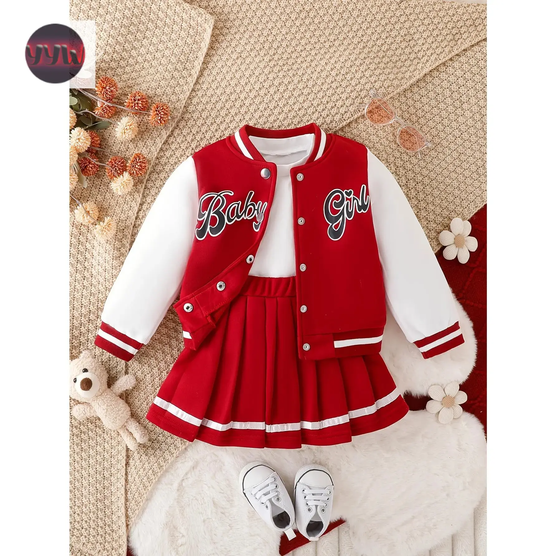 Kids Clothing Girls 2-Piece Preppy Look Set, Cotton Blend Baseball Jacket with Printed Letters + Pleated Skirt, Outdoor & Party Wear Gift