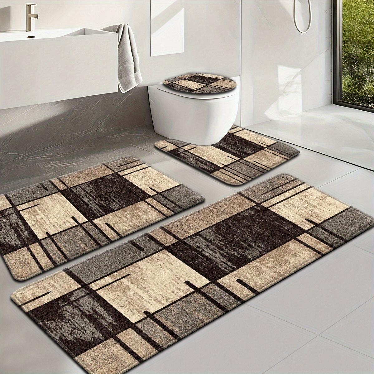 Bathroom Rug Set, Flannel Absorbent Non-Slip Bath Mats, Retro Geometric Grid Design, Washable Floor Mats for Tub, Shower, Toilet, U-Shaped Contour Mat & Lid Cover for Bathroom Decor