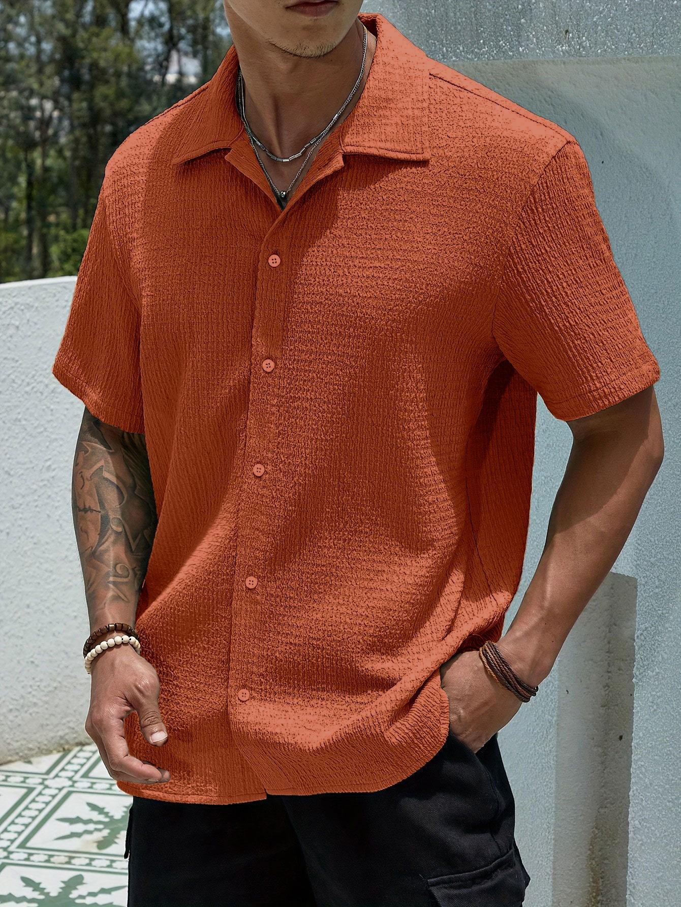 Men's Textured Button Front Shirt, Casual Regular Fit Short Sleeve Collared Top for Summer, Summer Leisure Top 2026, National Day Clothing, Men's Clothes for Daily Wear