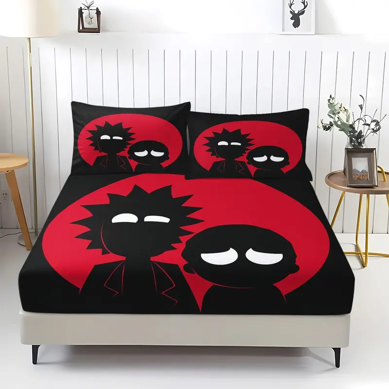 3-Piece Rick and Morty Bedding Set, Comfortable Printed Design, Includes 1 Fitted Sheet & 2 Pillowcases, Non-Slip, Perfect Gift